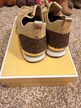 Michael Kors Beige and Brown MK Logo Slip-On Sneakers